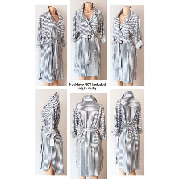 Zara Blue Stripe Belted Wrap Button Shirt Dress - Picture 7 of 8